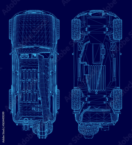 Blueprint of a car features detailed wireframe design with headlights, grille, and wheels on a blue background. Perfect for automotive projects and explorer-themed designs.
