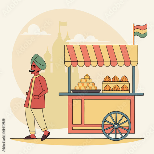 Indian Street Food Vendor Walking Past His Colorful Cart