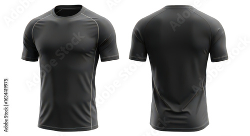 Front and back view of a black athletic t-shirt, showcasing design details and fabric texture.
