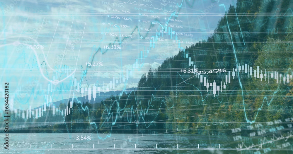 Fototapeta premium Displaying forested lakeshore blending water with financial candlestick charts and grid overlays