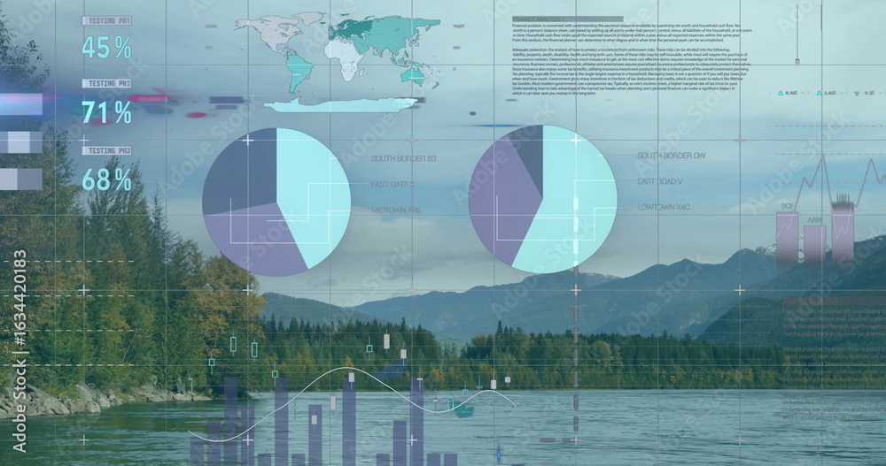 Fototapeta premium Displaying two transparent pie charts over waterway at lake, with world map, bar and line overlays