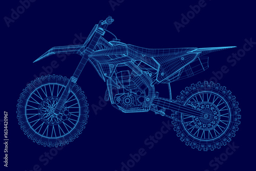A detailed 3D wireframe model of a motorbike displayed on a clean blue background, showcasing the bike's structural blueprint. The design highlights intricate mechanical components and frame geometry.
