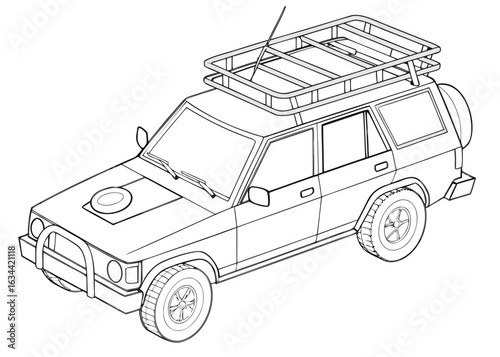Search and rescue vehicle outline, with roof rack and simple equipment, clean lines, front perspective, coloring book template, white backdrop