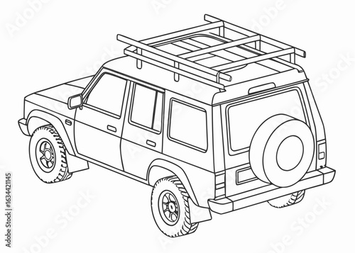 Search and rescue vehicle outline, with roof rack and simple equipment, clean lines, front perspective, coloring book template, white backdrop
