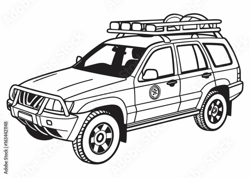 Search and rescue vehicle outline, with roof rack and simple equipment, clean lines, front perspective, coloring book template, white backdrop
