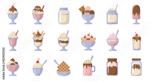 Ice cream cups and sundaes flat icon set vector dessert style