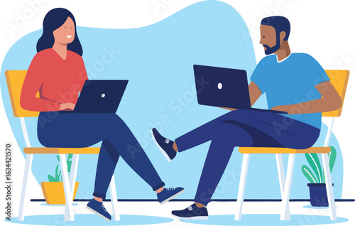 Two people sitting with laptops - People in office sitting in char working on computers together in office. Flat design vector illustration