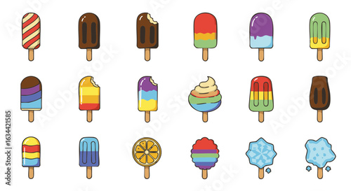 Popsicles and ice cream bars icon set flat colorful vector