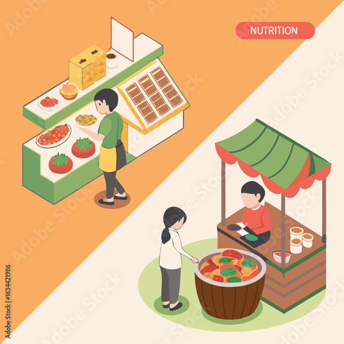 Isometric Illustration of Two Food Vendors Selling Fresh Produce and Prepared Meals