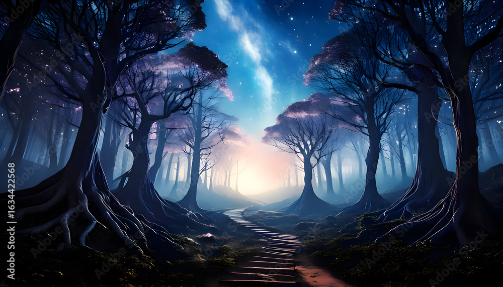 Obraz premium Abstract winds through a misty forest under a starry night sky, futuristic and dynamic on digital art concept, Generative AI.