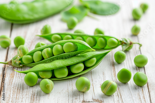 AI-generated fresh green peas scattered on light wooden kitchen table, some in open pods and loose shelled peas, soft natural morning light, cozy farm-to-table vibe.
