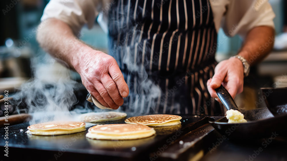 Fototapeta premium Chef Making Pancakes on Griddle – Celebrate National Pancake Day with Freshly Made Morning Stacks and Syrup