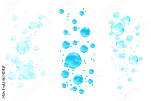 Cute 3D flowing blue liquid water bubbles or fluid glowing air bubbles droplets isolated, transparent background. Sparkling water, moisture condensation molecules or particles