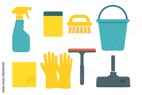 Cleaning supplies arranged on a flat surface showcasing essential tools for household chores and maintenance tasks