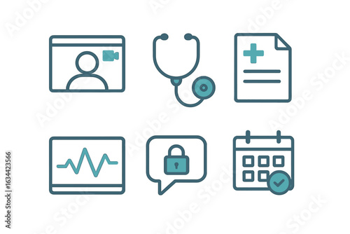 Icons representing telemedicine, health records, and health monitoring in a modern healthcare setting