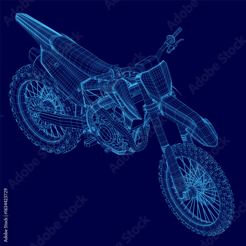 A 3D wireframe model of a dirt bike with intricate lines and curves, showcasing realistic design details on a solid blue background. The motorbike's structure is clearly defined with precise edges.