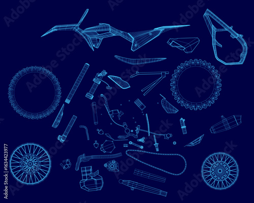 Blueprint of a motorcycle displays a detailed wireframe structure with labeled parts on a vibrant blue background. The technical illustration highlights the bike's frame, engine.