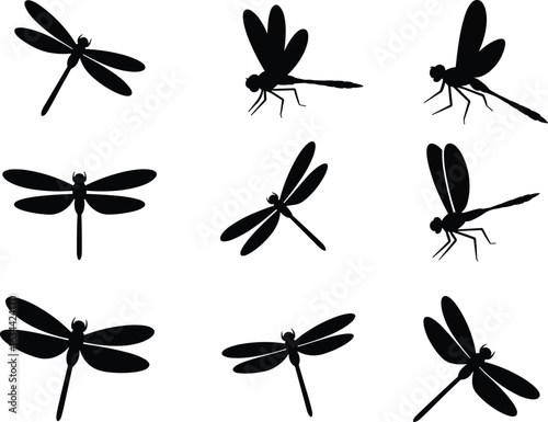Dragonfly silhouettes, insect shapes, black dragonfly clipart, flying insect design, entomology reference, dragonfly anatomy, vector dragonflies, isolated insect graphics