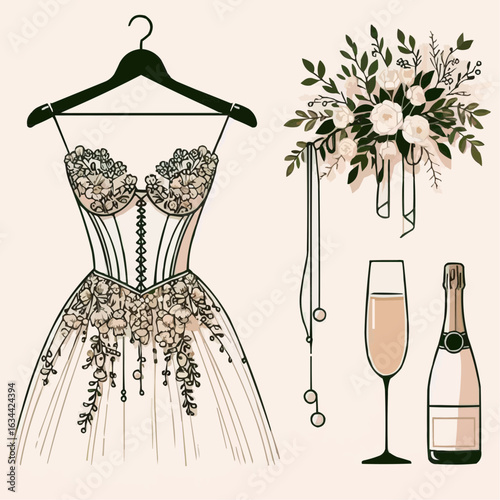 Elegant wedding dress and accessories, including bouquet and champagne for bridal inspiration