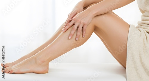 Womans smooth, hairless leg with gentle touch, isolated on white background