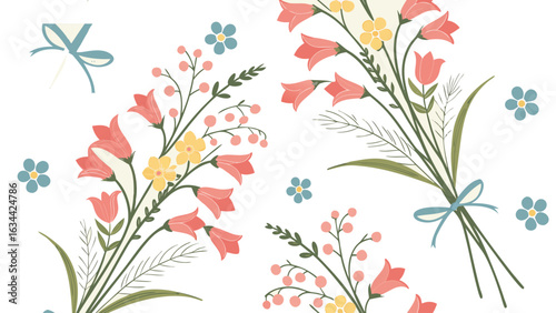 Elegant floral bouquet illustration with pink bell flowers blue flowers and decorative ribbons in a seamless and repeating pattern.