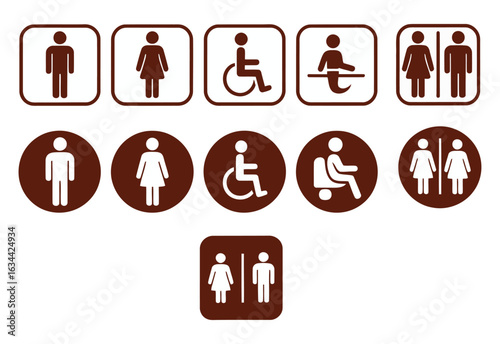 Restroom and toilet sign icon set, male, female, unisex, and accessible bathroom symbols and public signage, transparent png and vector illustration.