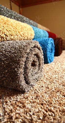 Rolled carpets in various colors stacked (1)