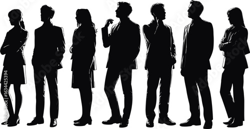 Professional business team silhouette, corporate people pose vector, standing staff artwork, office characters black shadow, business group illustration isolated on white background