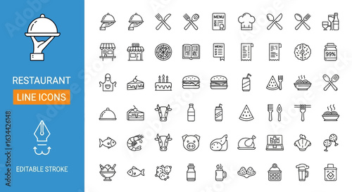 Comprehensive restaurant and food service line icon set. Symbols for cooking, dining, menu, and delivery concepts.