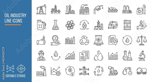 Oil and gas industry line icon set. Petroleum extraction, refining, and fuel production vector symbols. Editable stroke.