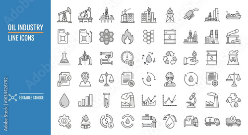 Oil and gas industry thin line icons set. Vector collection of symbols for petroleum extraction, refining, fuel, and energy resources.