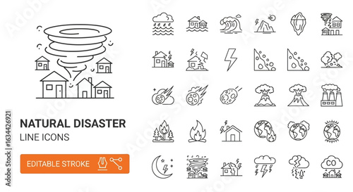 Vector collection of natural disaster outline icons. Includes tornado, earthquake, flood, and volcano symbols with editable stroke.