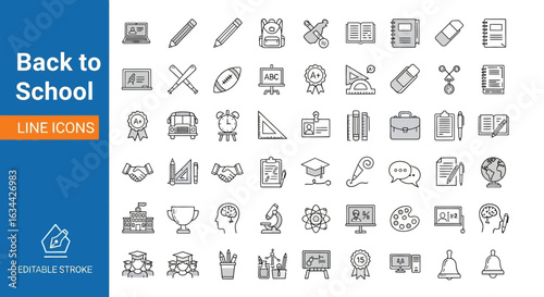 Back to School and education themed line icon set. Collection of editable stroke vector symbols for learning, study, and school supplies.