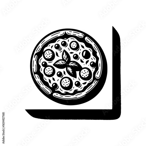 Pizza illustration: A classic pizza with a generous topping of pepperoni, vegetables and basil, carefully arranged on a plate, promising a delicious culinary experience.