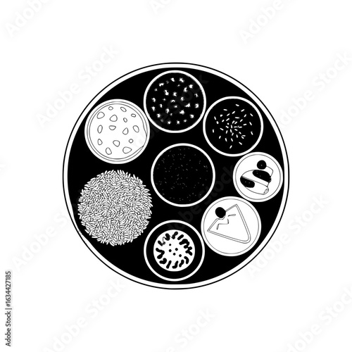 Black and White Thali: A monochrome depiction of a traditional Indian thali, showcasing a variety of meticulously arranged dishes in a circular format. The illustration.