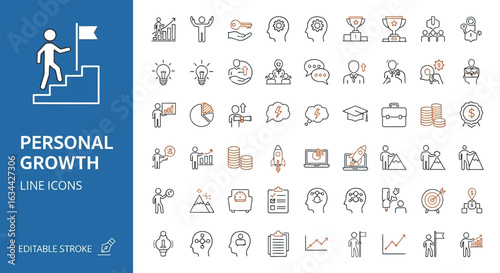 Personal growth and self-improvement line icon set. Collection of editable stroke symbols for career development, success, and motivation.