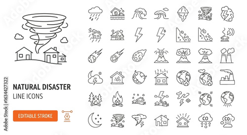 Natural disaster concept icons. A set of editable stroke line illustrations depicting weather, climate change, and environmental catastrophe.