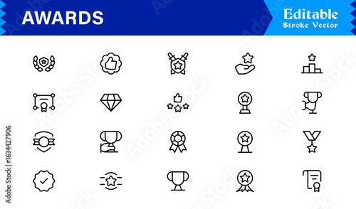 Awards line icon set with professional modern minimal style, unique vector symbols for recognition achievement celebration, elegant and clean design collection, premium quality
