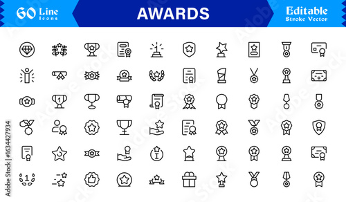 Awards line icon set with professional modern minimal style, unique vector symbols for recognition achievement celebration, elegant and clean design collection, premium quality