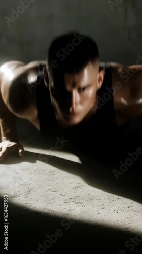 Focused man doing push ups on concrete floor with dramatic lighting