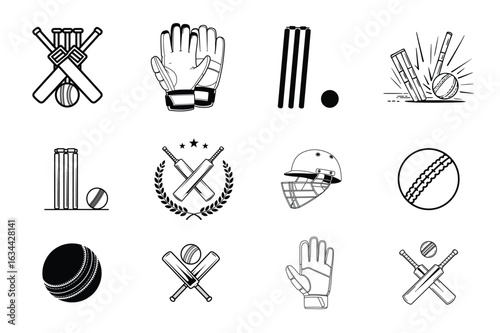 Cricket Sport Equipment Icon Set