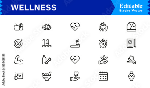 Wellness Icon Set Featuring Health, Mindfulness, Fitness, and Self-Care Symbols in Vector Style