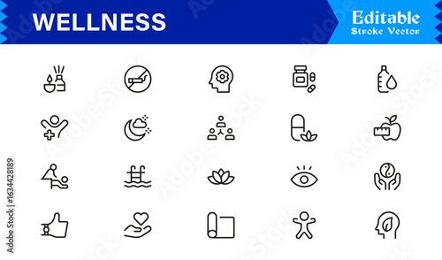 Wellness Icon Set Featuring Health, Mindfulness, Fitness, and Self-Care Symbols in Vector Style