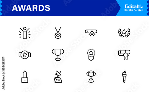 Awards line icon set with professional modern minimal style, unique vector symbols for recognition achievement celebration, elegant and clean design collection, premium quality