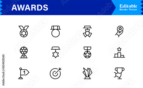Awards line icon set with professional modern minimal style, unique vector symbols for recognition achievement celebration, elegant and clean design collection, premium quality