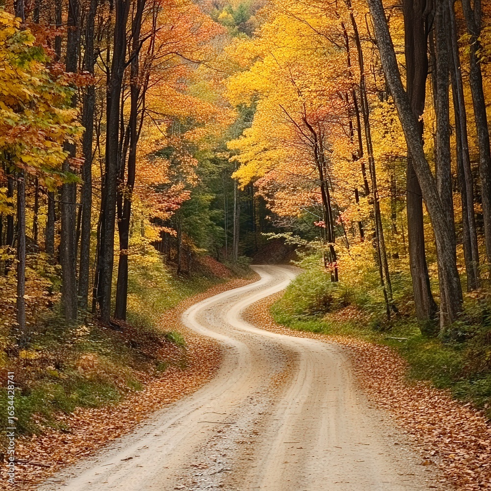 Fototapeta premium Curving autumn road with soft light and golden tree forest