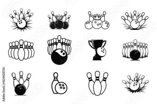 Bowling Ball and Pins Silhouette Icons