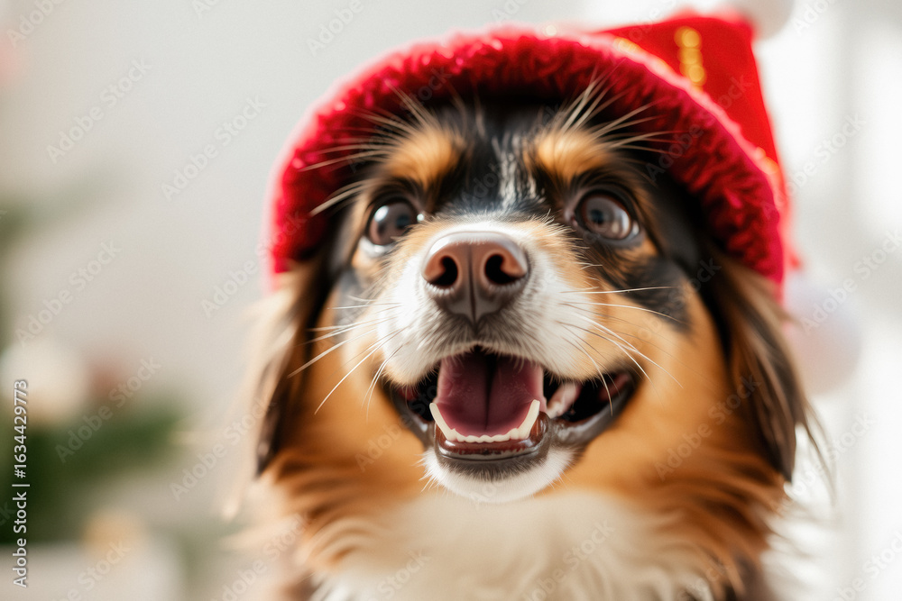 Fototapeta premium Happy Dog Wearing a Christmas Hat