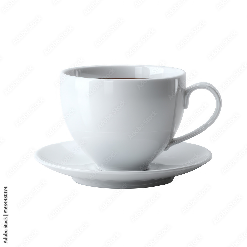 A pristine white coffee cup with a matching saucer, set against a clean white background, ideal for showcasing beverages or for use in decorative designs. A pristine white coffee cup with a matching saucer, set against a clean white background, ideal for showcasing beverages or for use in decorative designs.