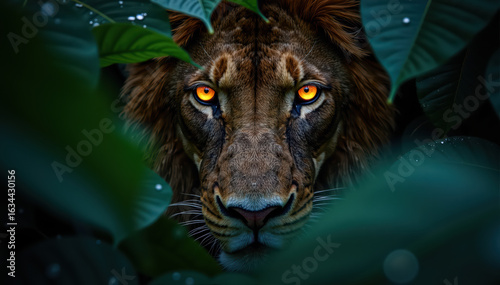 Hyper-realistic lion portrait hidden in foliage with dramatic jungle light